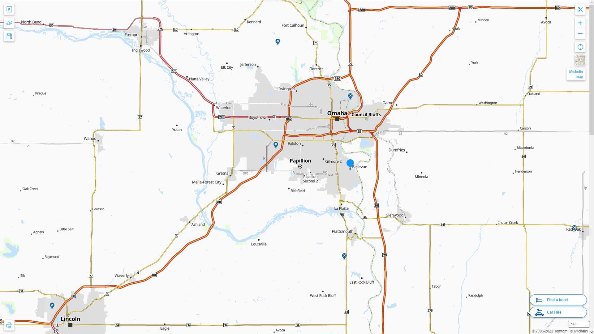 Bellevue Nebraska Highway and Road Map
